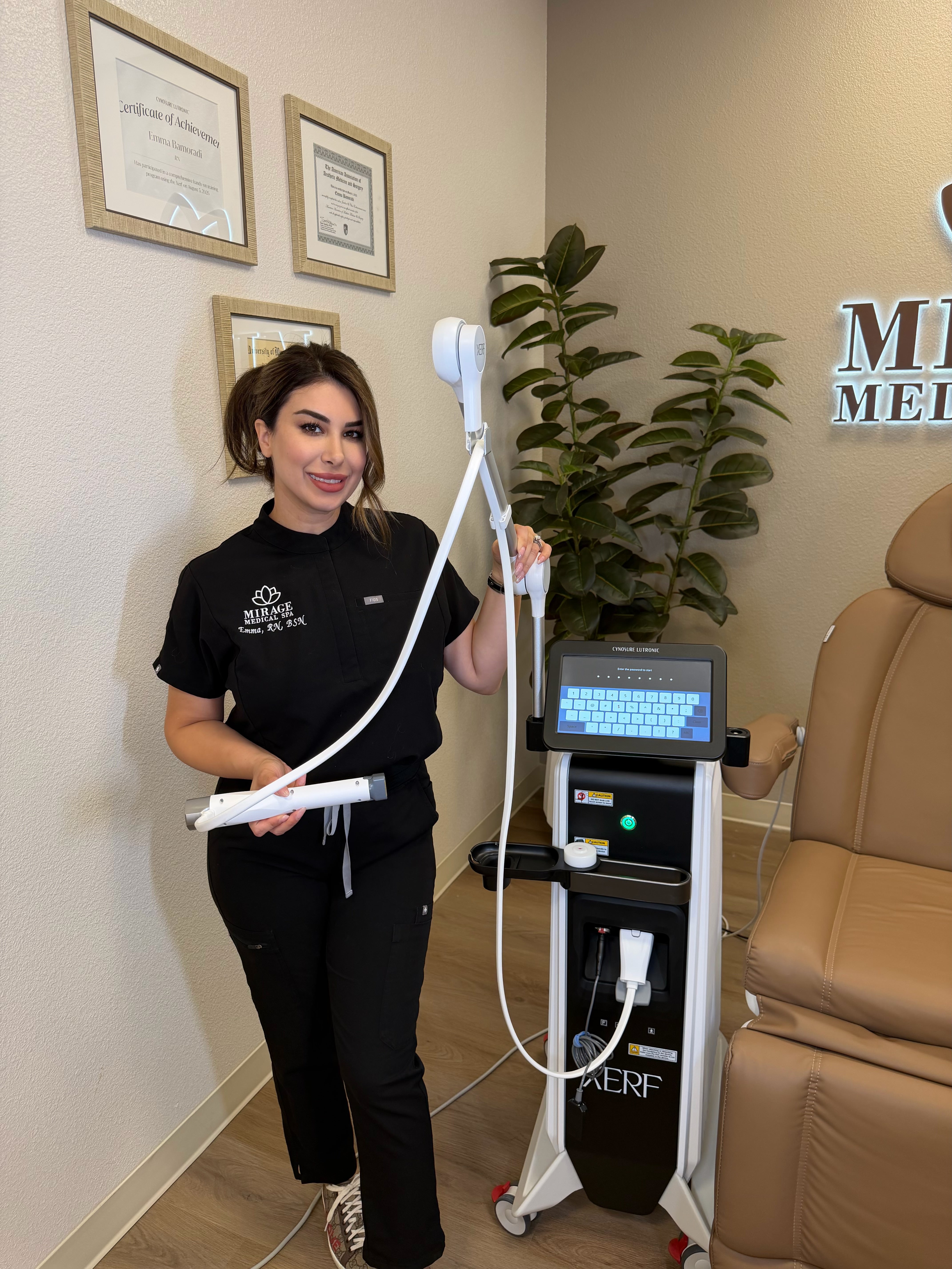 Nurse Emma with the XERF RF skin tightening device at Mirage Medical Spa in Palm Desert